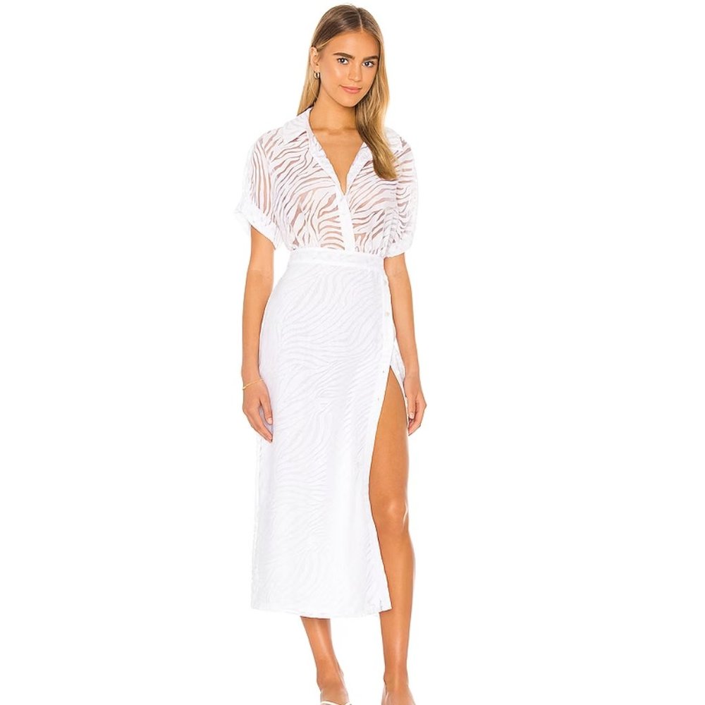 NWT - L'Academie White Amoure Midi Dress, Sheer Mesh Zebra